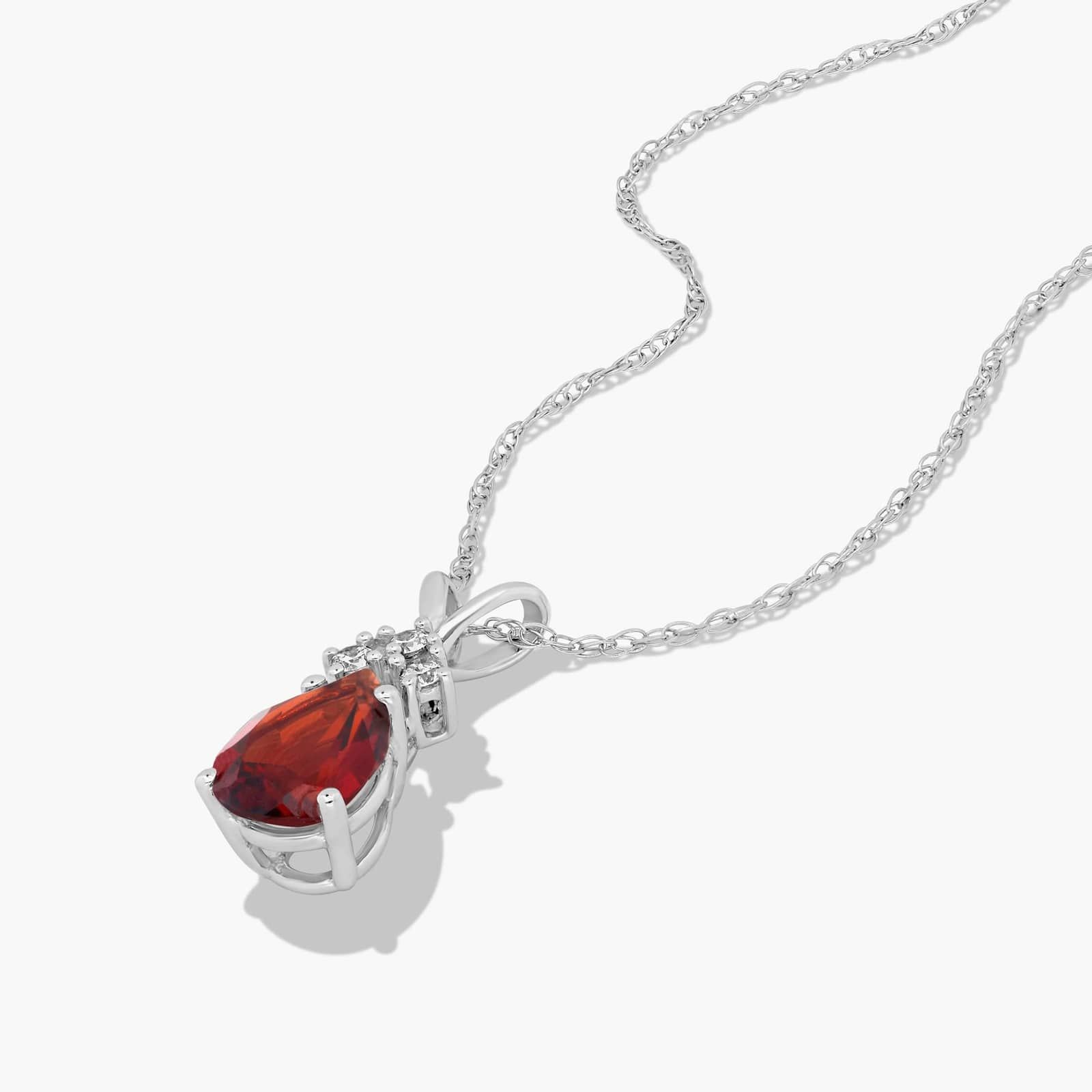 14K White Gold Pear Shaped Garnet & Tri-Diamond Birthstone Pendant Necklace
