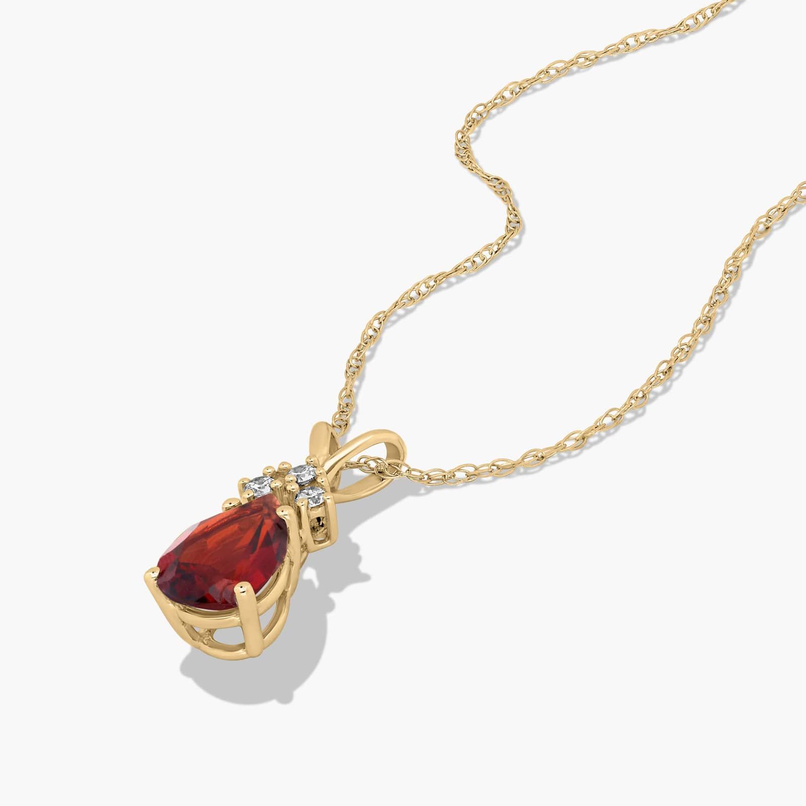14K Yellow Gold Pear Shaped Garnet & Tri-Diamond Birthstone Pendant Necklace