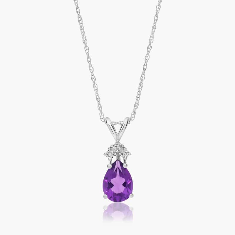 14K White Gold Pear Shaped Amethyst & Tri-Diamond Birthstone Pendant Necklace