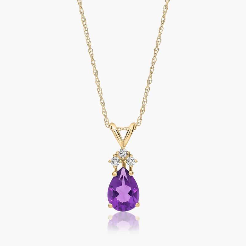 14K Yellow Gold Pear Shaped Amethyst & Tri-Diamond Birthstone Pendant Necklace