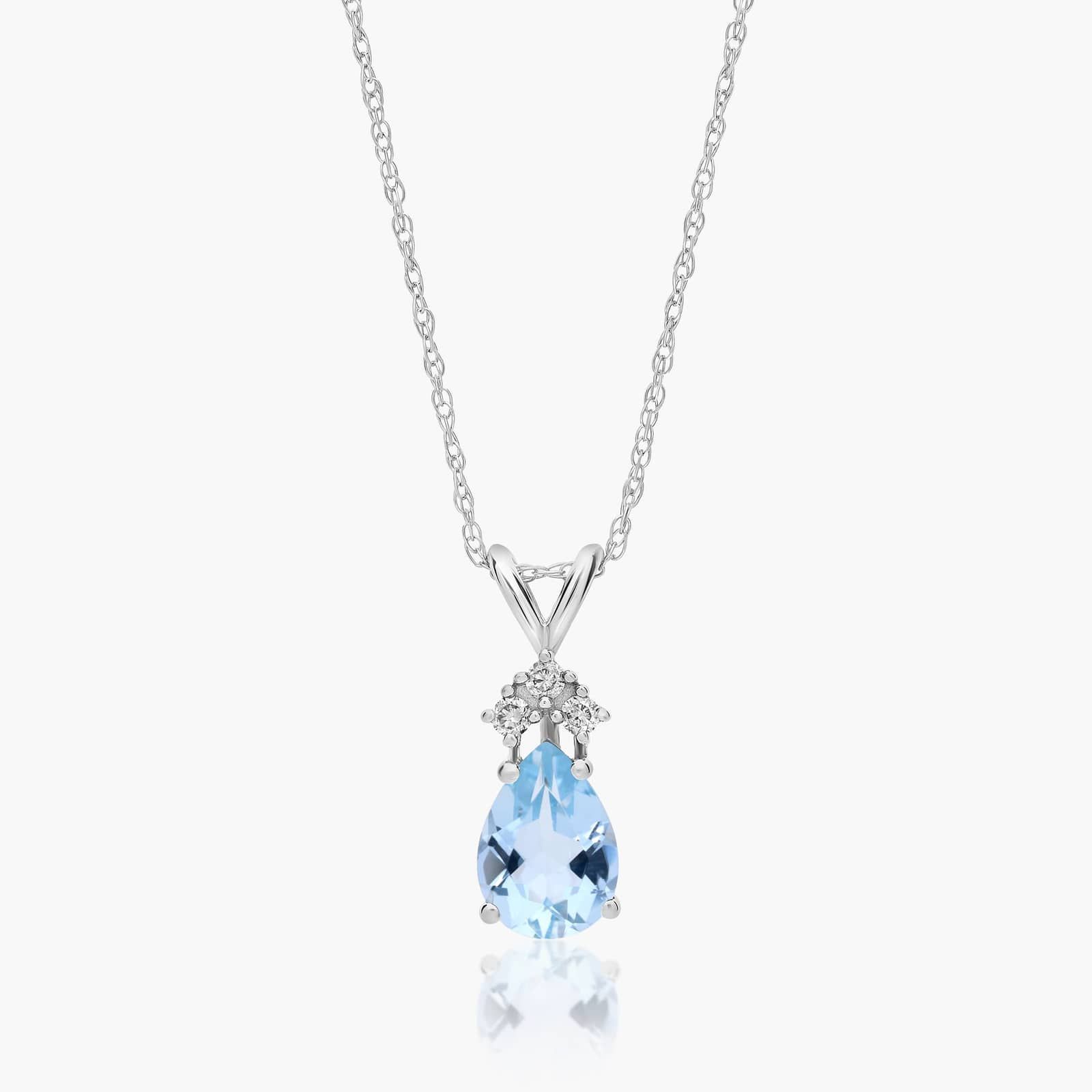 14K White Gold Pear Shaped Aquamarine Tri-Diamond Birthstone