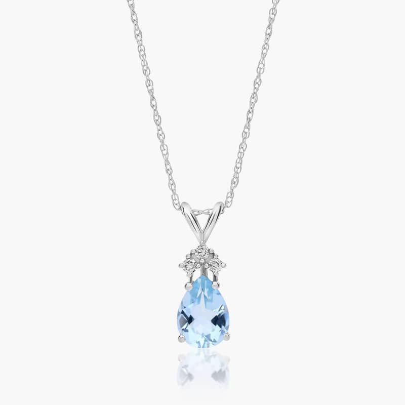 14K White Gold Pear Shaped Aquamarine & Tri-Diamond Birthstone Pendant Necklace