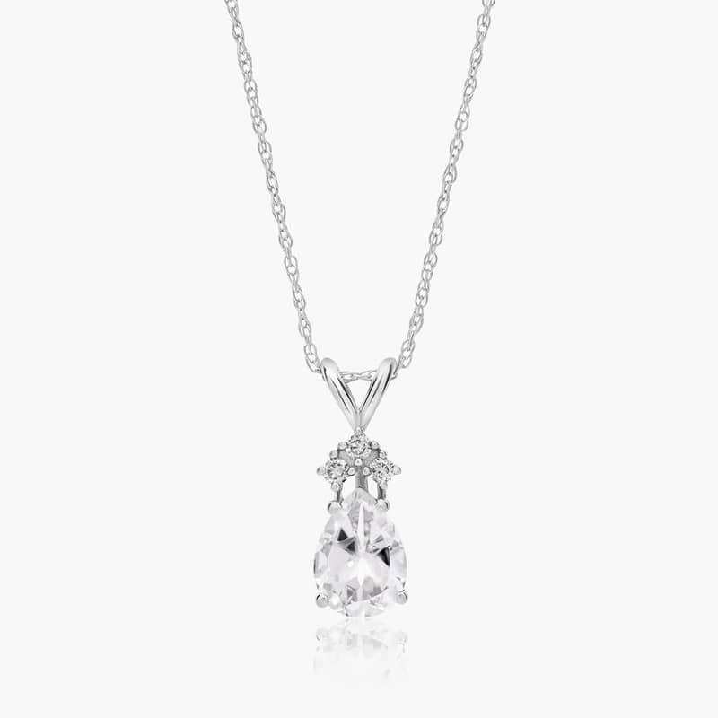 14K White Gold Pear Shaped White Topaz & Tri-Diamond Birthstone Pendant Necklace