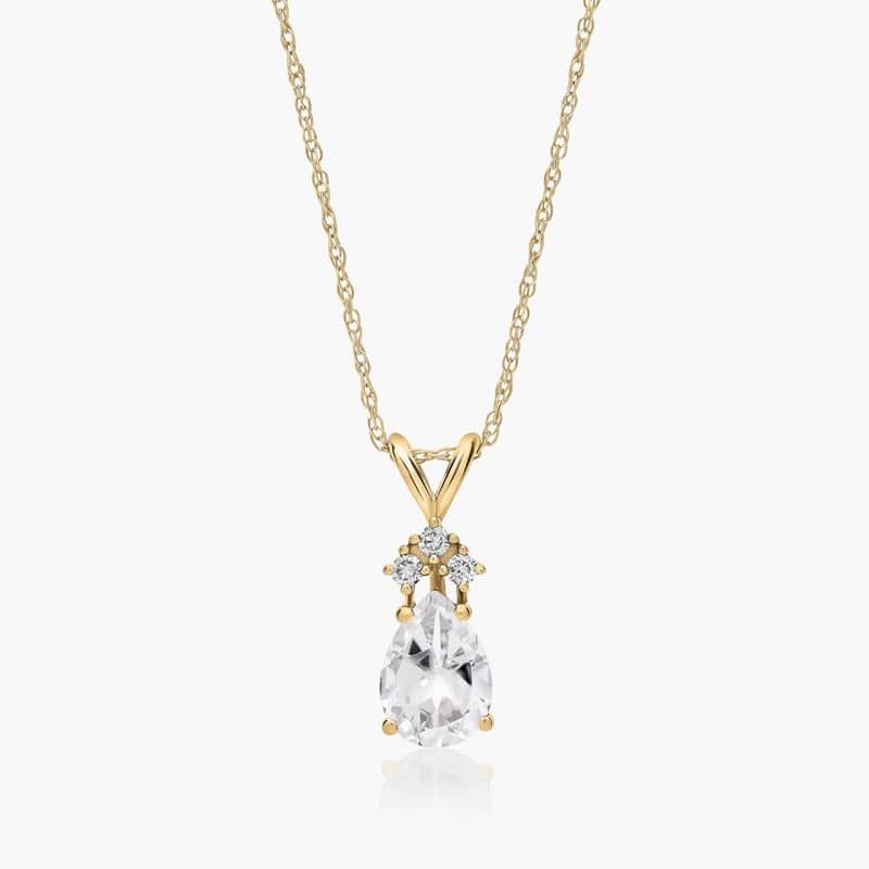 14K Yellow Gold Pear Shaped White Topaz & Tri-Diamond Birthstone Pendant Necklace