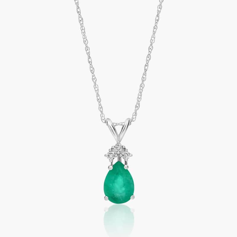 14K White Gold Pear Shaped Emerald & Tri-Diamond Birthstone Pendant Necklace