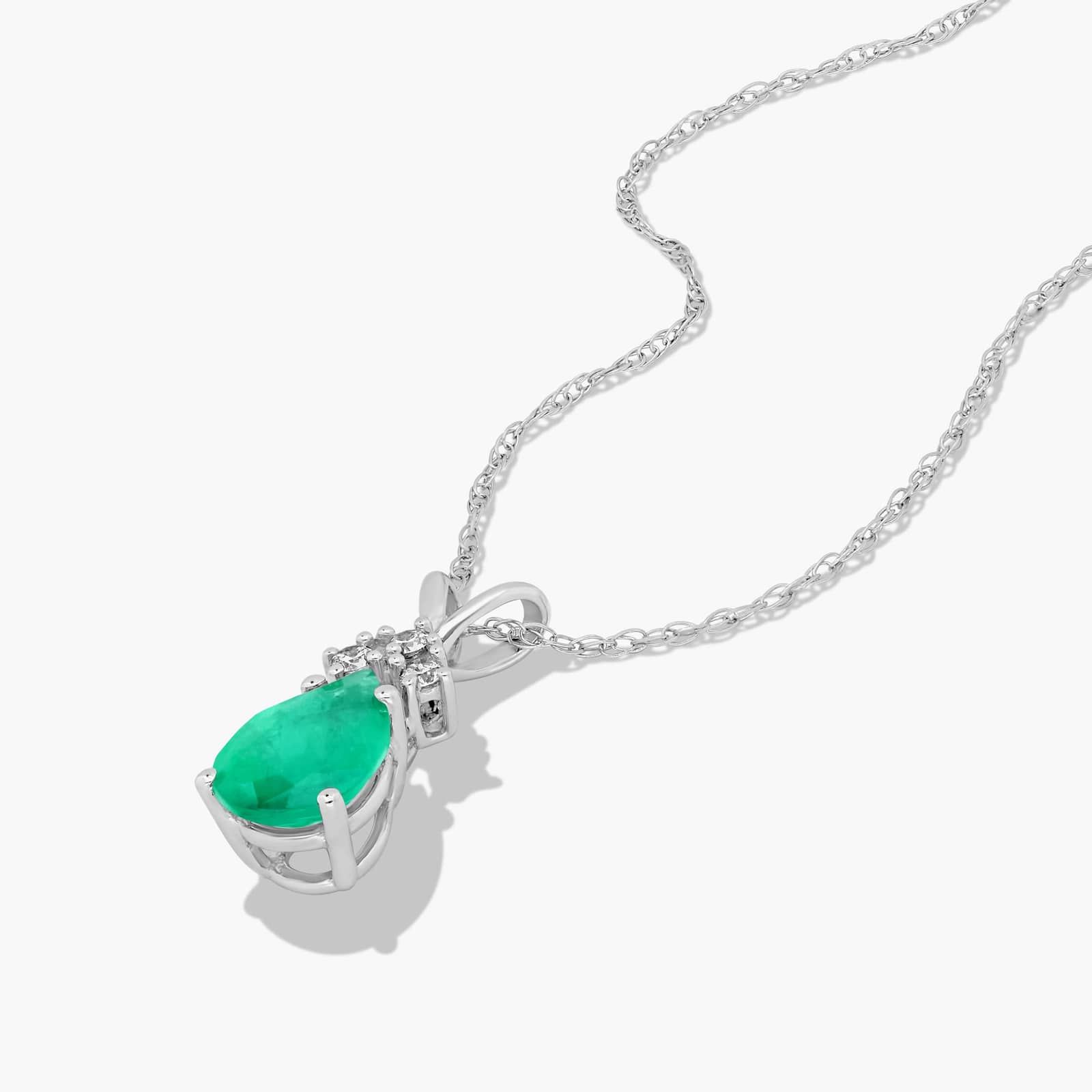 14K White Gold Pear Shaped Emerald & Tri-Diamond Birthstone Pendant Necklace