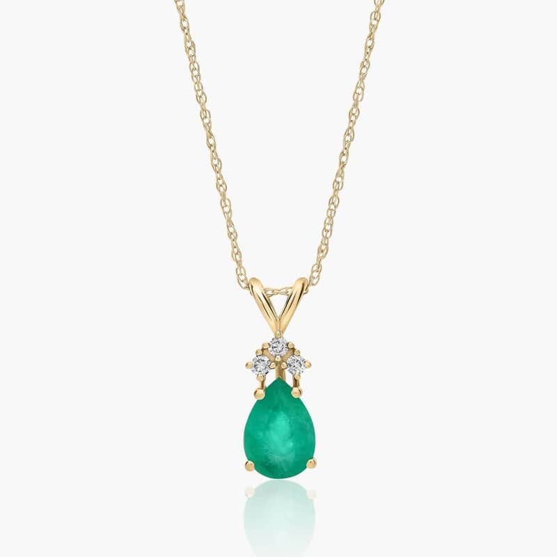14K Yellow Gold Pear Shaped Emerald & Tri-Diamond Birthstone Pendant Necklace