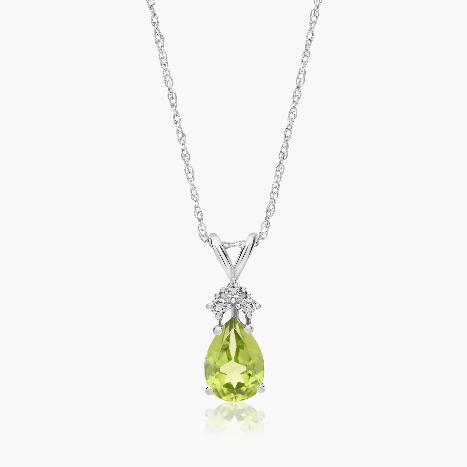 14K White Gold Pear Shaped Peridot Tri-Diamond Birthstone