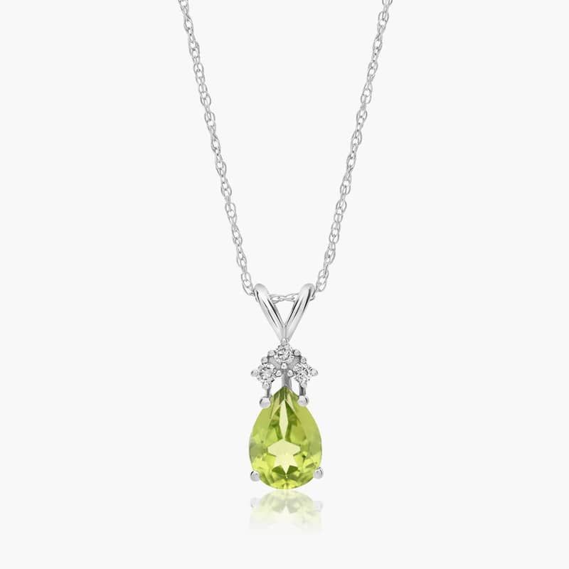 14K White Gold Pear Shaped Peridot & Tri-Diamond Birthstone Pendant Necklace