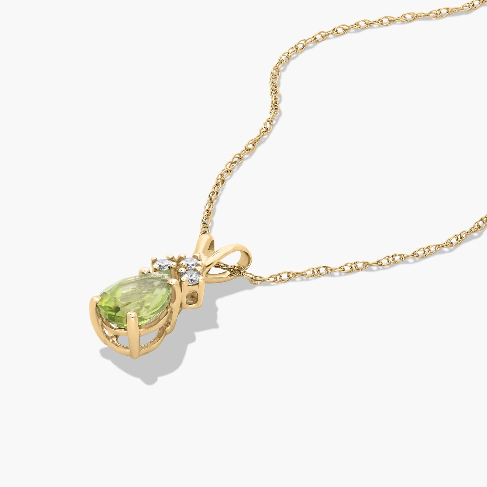 14K Yellow Gold Pear Shaped Peridot & Tri-Diamond Birthstone Pendant Necklace