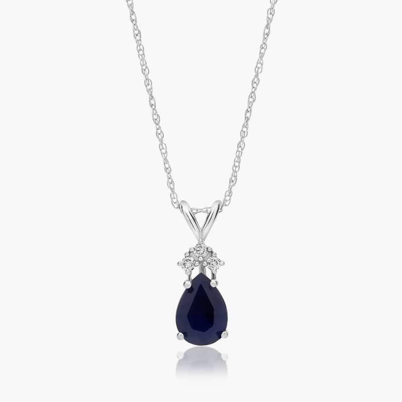 14K White Gold Pear Shaped Sapphire & Tri-Diamond Birthstone Pendant Necklace