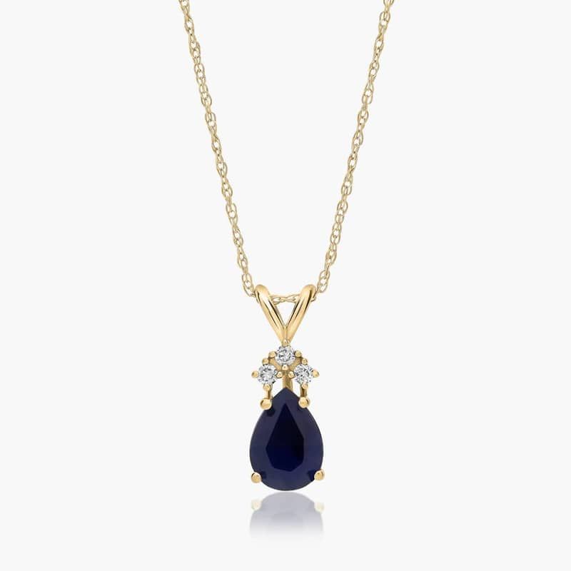 14K Yellow Gold Pear Shaped Sapphire & Tri-Diamond Birthstone Pendant Necklace