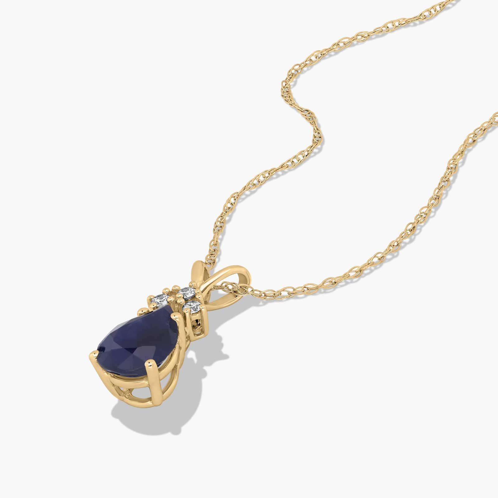 14K Yellow Gold Pear Shaped Sapphire & Tri-Diamond Birthstone Pendant Necklace
