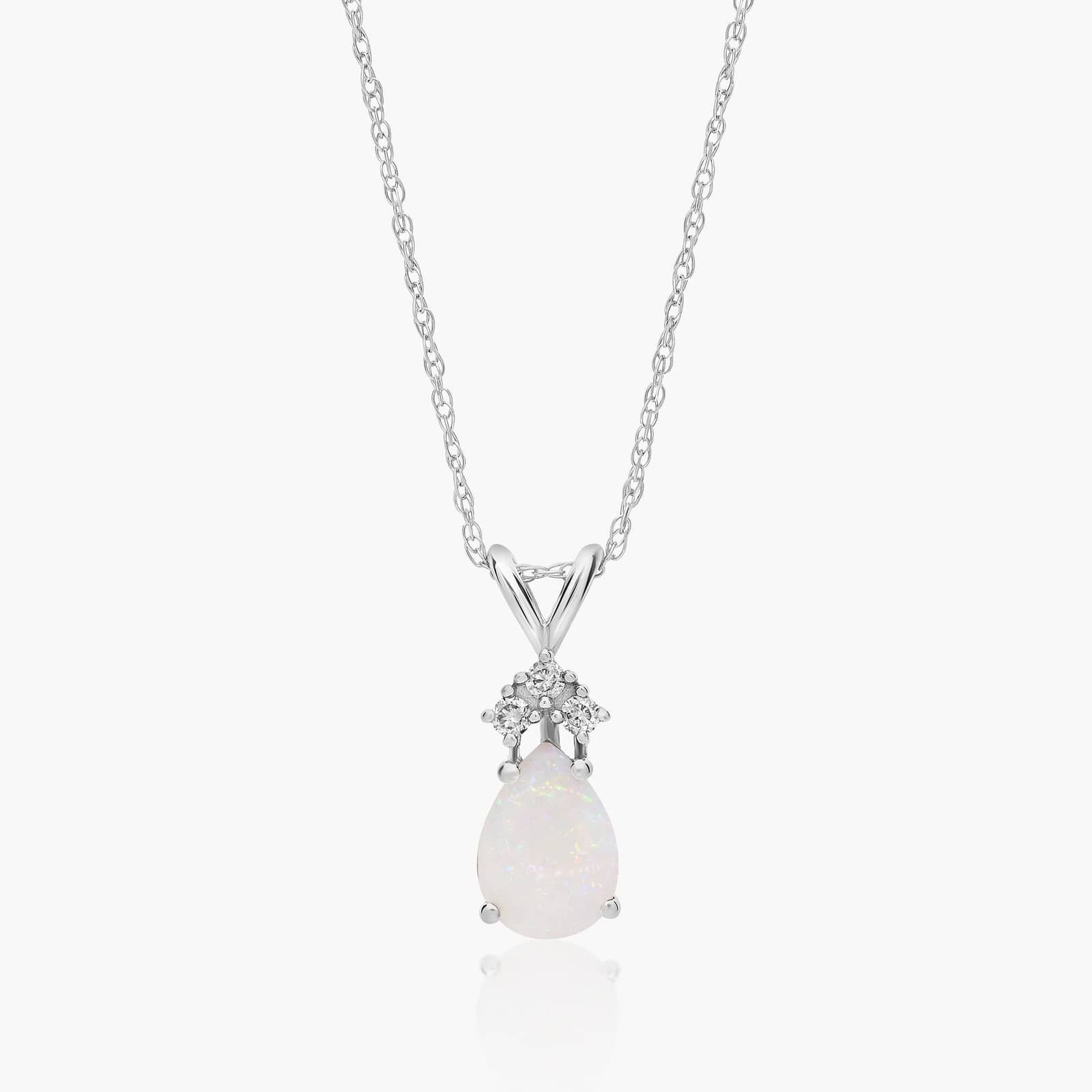 14K White Gold Pear Shaped Opal Tri-Diamond Birthstone Pendant