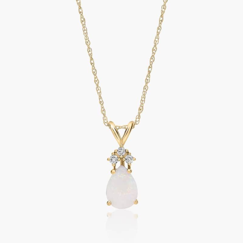 14K Yellow Gold Pear Shaped Opal & Tri-Diamond Birthstone Pendant Necklace