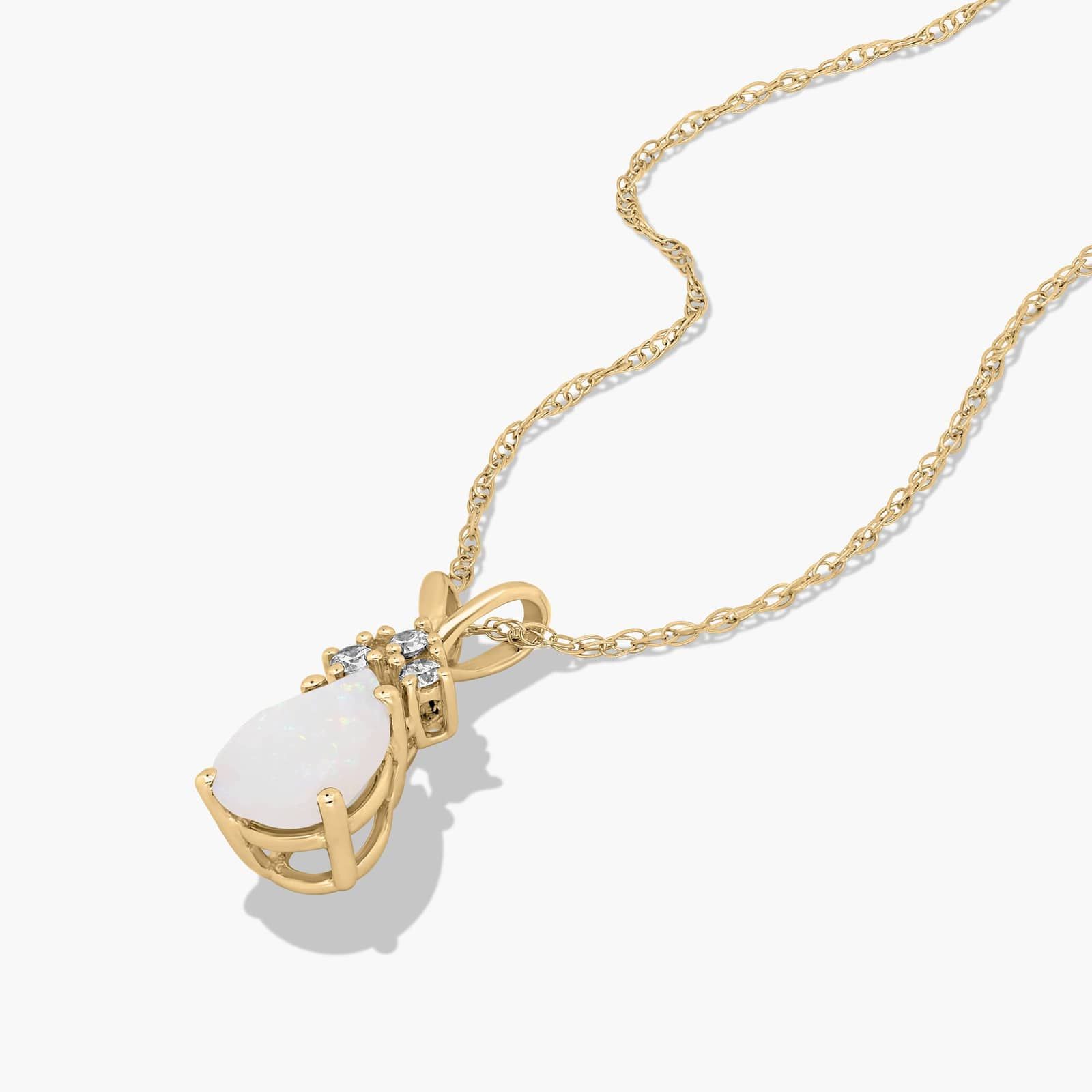 14K Yellow Gold Pear Shaped Opal & Tri-Diamond Birthstone Pendant Necklace