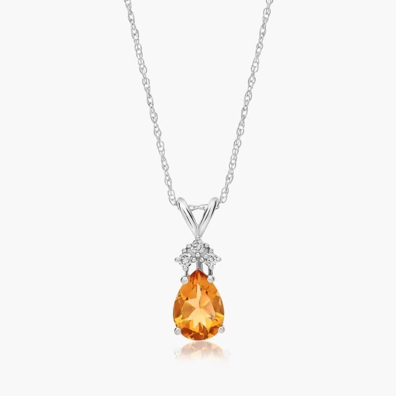 14K White Gold Pear Shaped Citrine & Tri-Diamond Birthstone Pendant Necklace