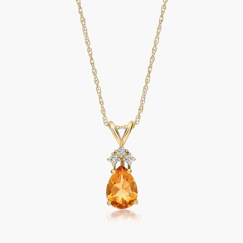 14K Yellow Gold Pear Shaped Citrine & Tri-Diamond Birthstone Pendant Necklace