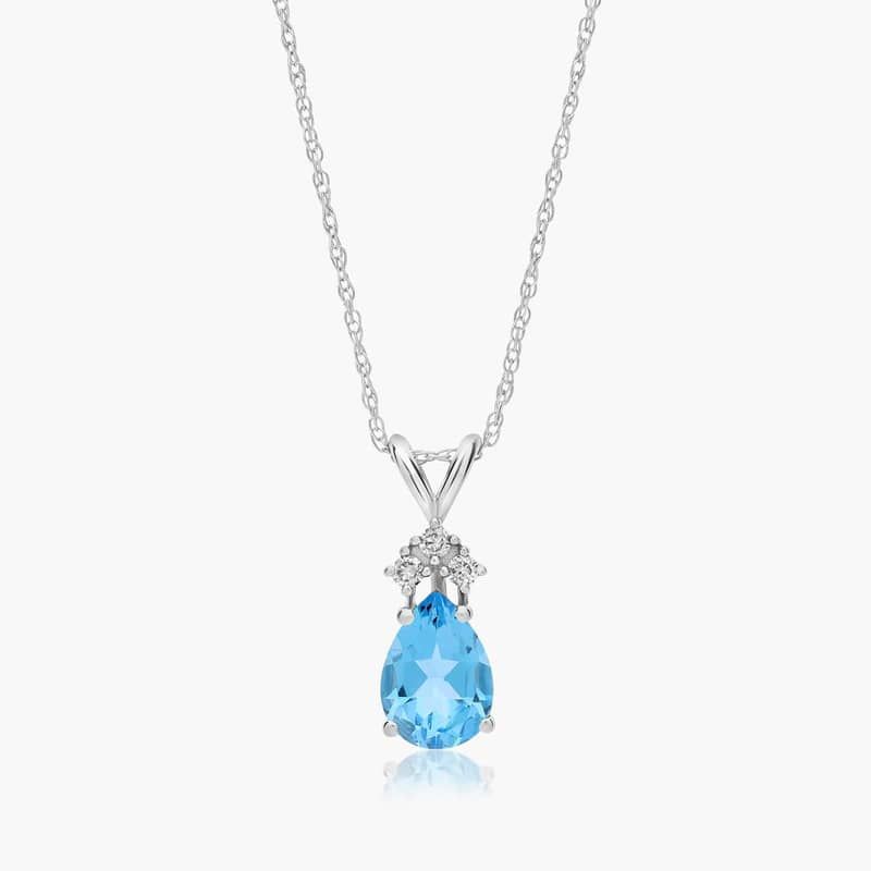 14K White Gold Pear Shaped Swiss Blue Topaz & Tri-Diamond Birthstone Pendant Necklace