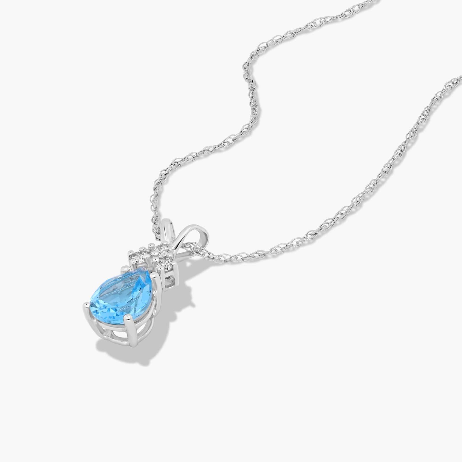 14K White Gold Pear Shaped Swiss Blue Topaz & Tri-Diamond Birthstone Pendant Necklace