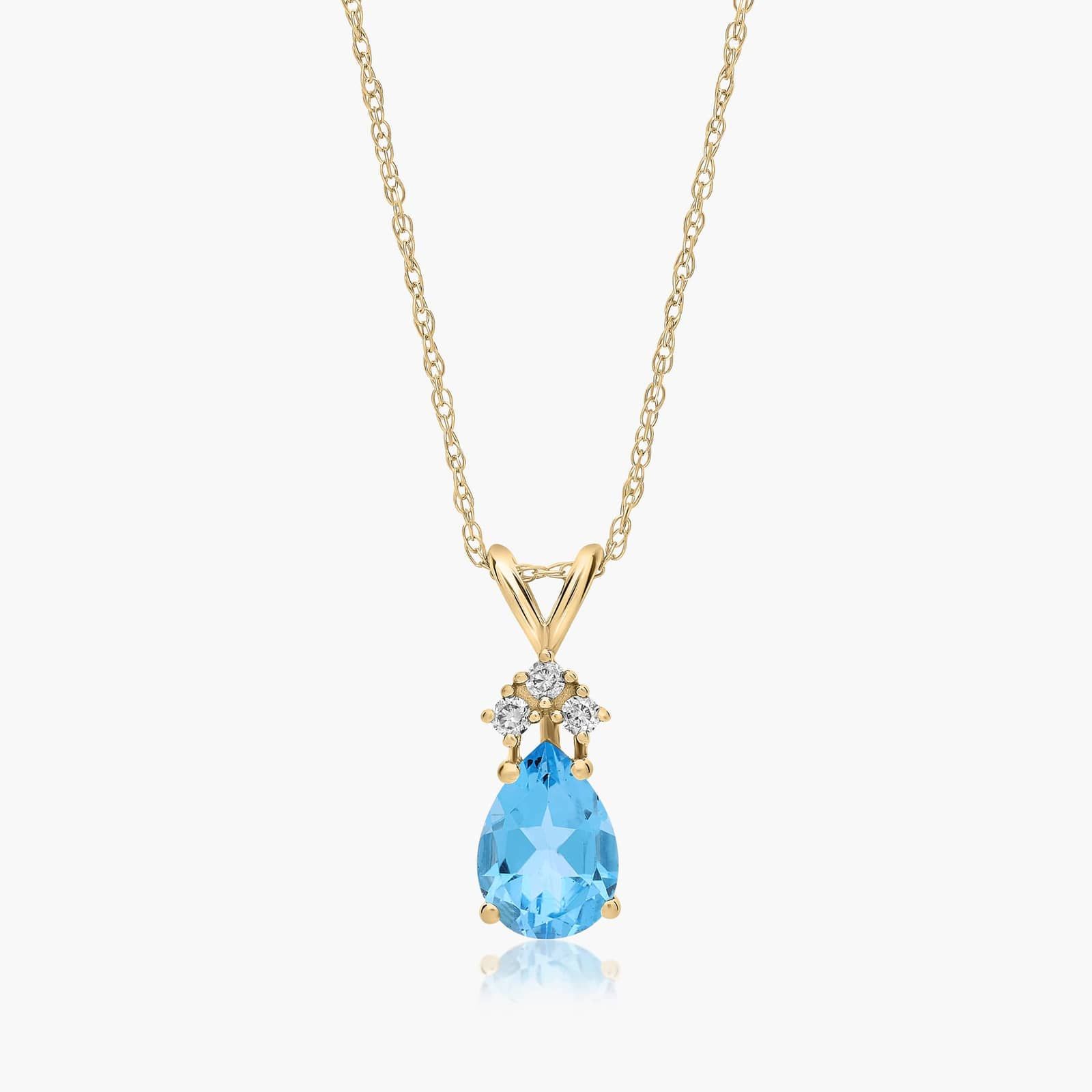 14K Yellow Gold Pear Shaped Swiss Blue Topaz Tri-Diamond
