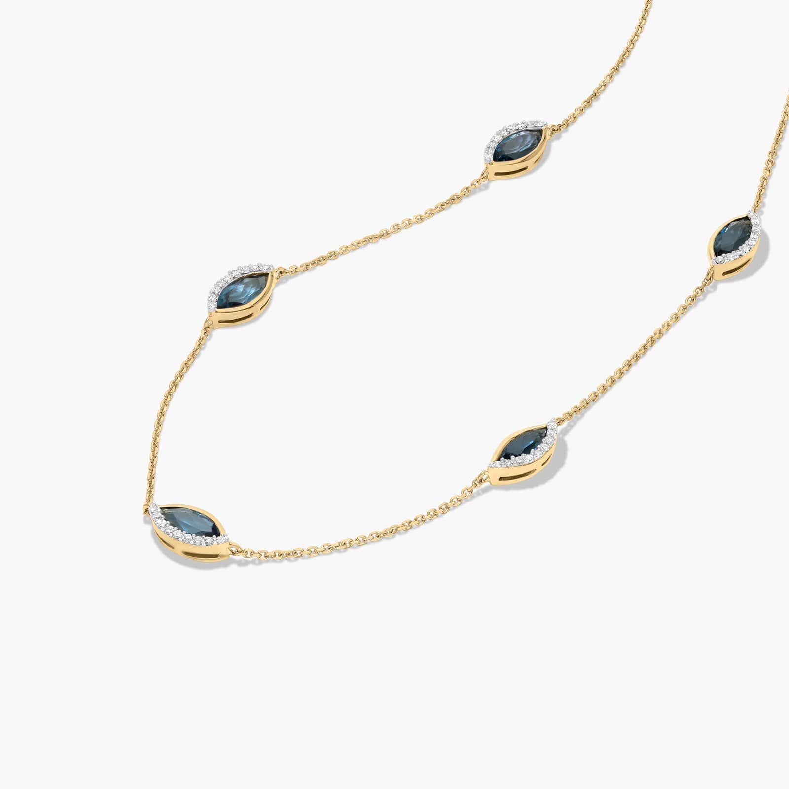 14K Yellow Gold Radiant Reflections Marquise Shaped Blue Topaz & Round Diamonds Station Necklace
