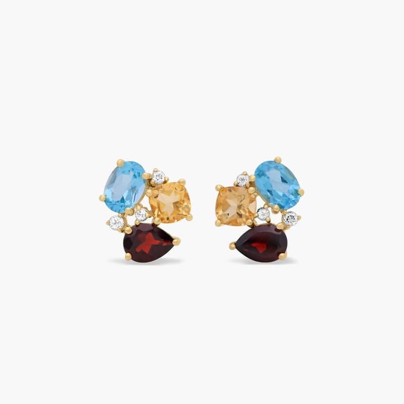 Radiant Reflections Citrine, Blue Topaz, Garnet, And White Topaz Earrings In 14K Yellow Gold