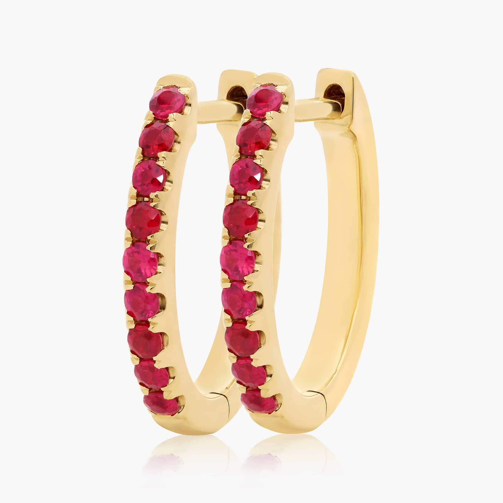 Ruby Huggie Hoop Earrings In 14K Yellow Gold