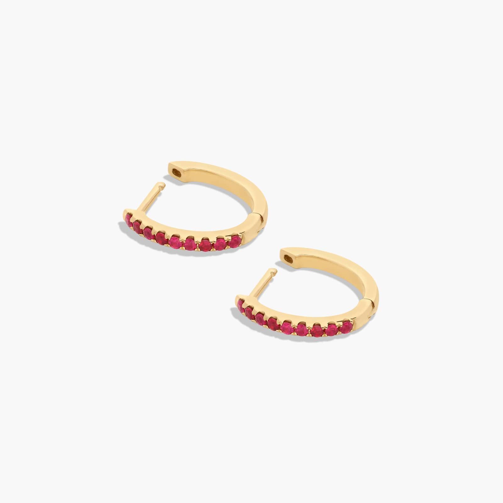 Ruby Huggie Hoop Earrings In 14K Yellow Gold