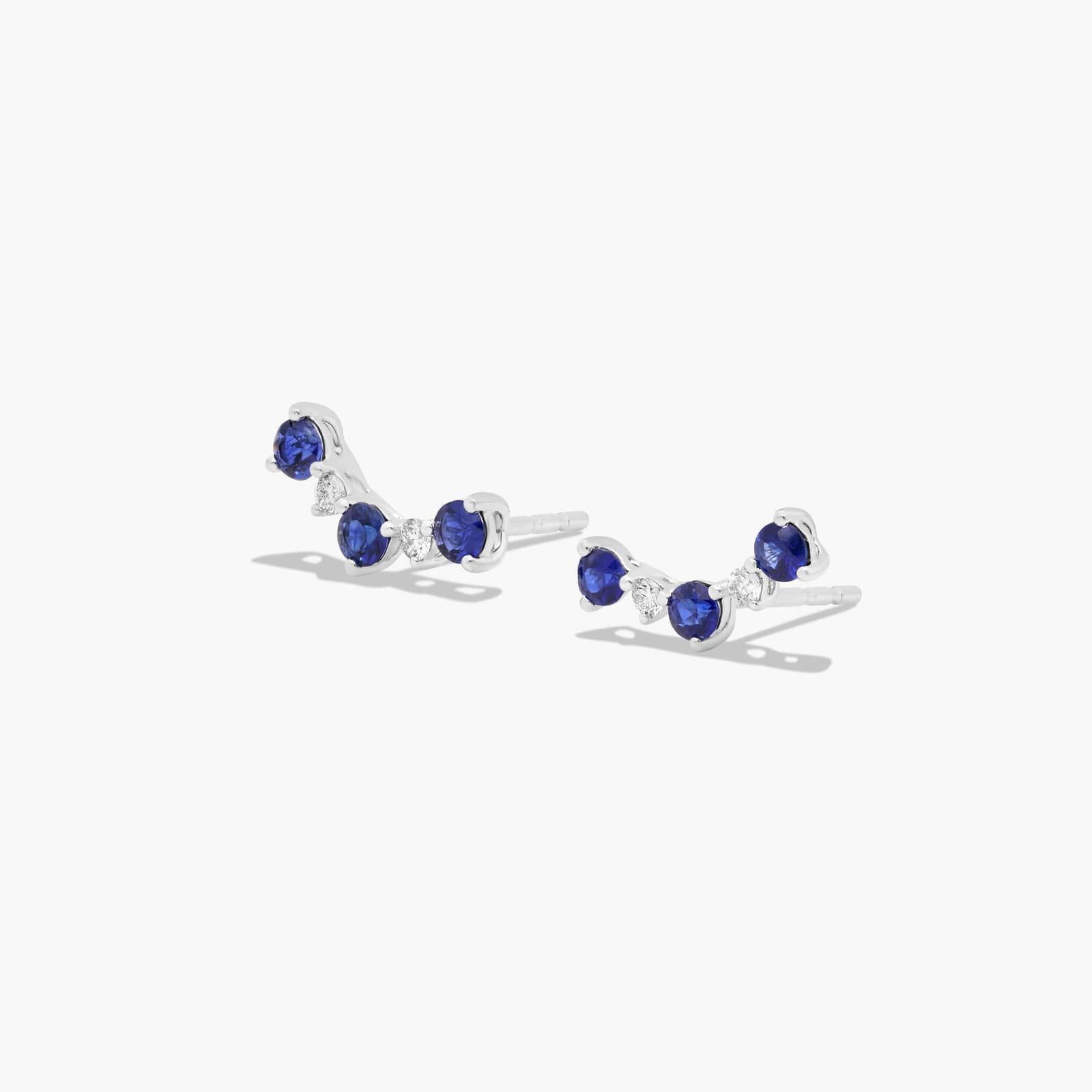 Diamond And Sapphire Climber Earrings In 14K White Gold