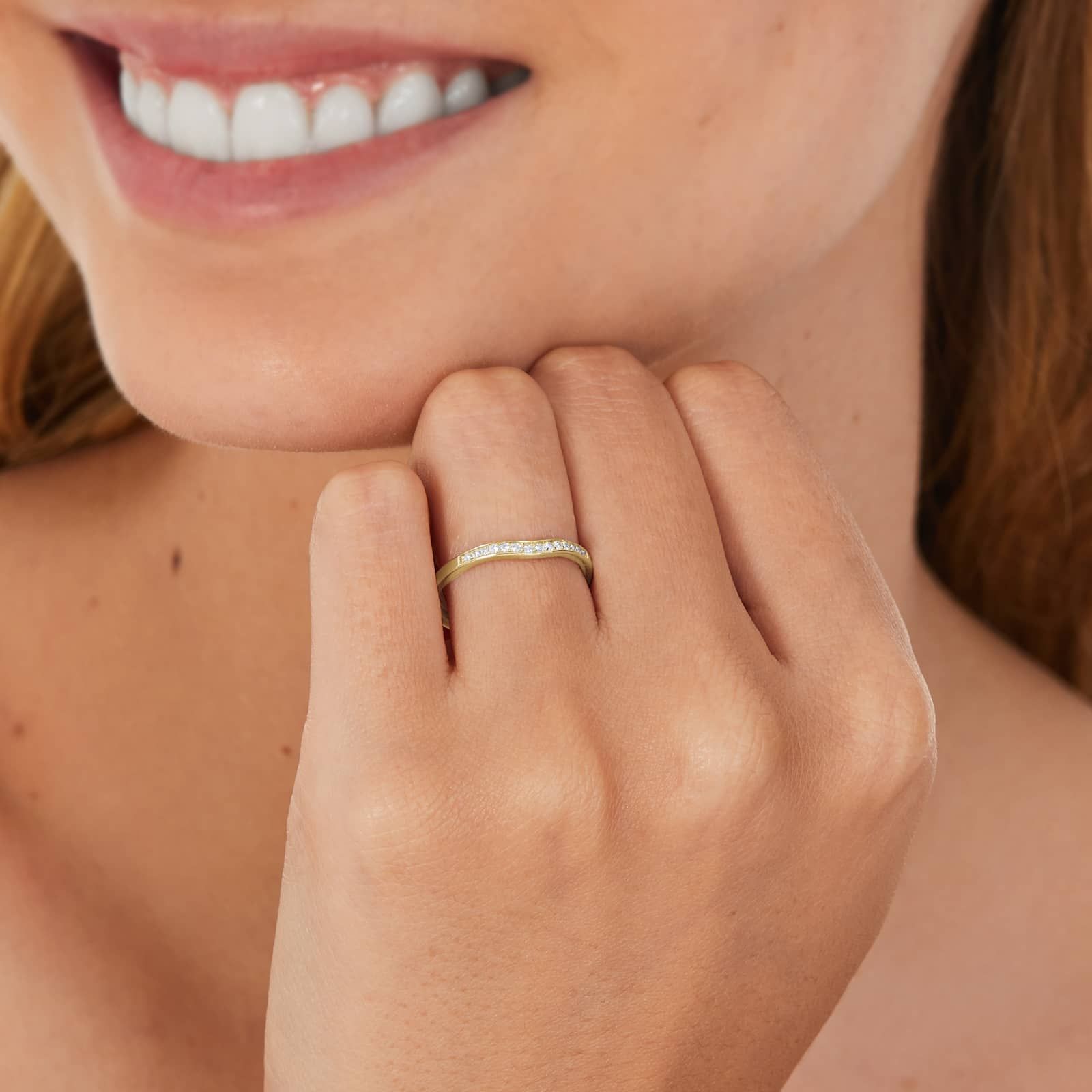 Petite Pavé Curved Diamond Wedding Ring In 14K Yellow Gold (1.50mm)