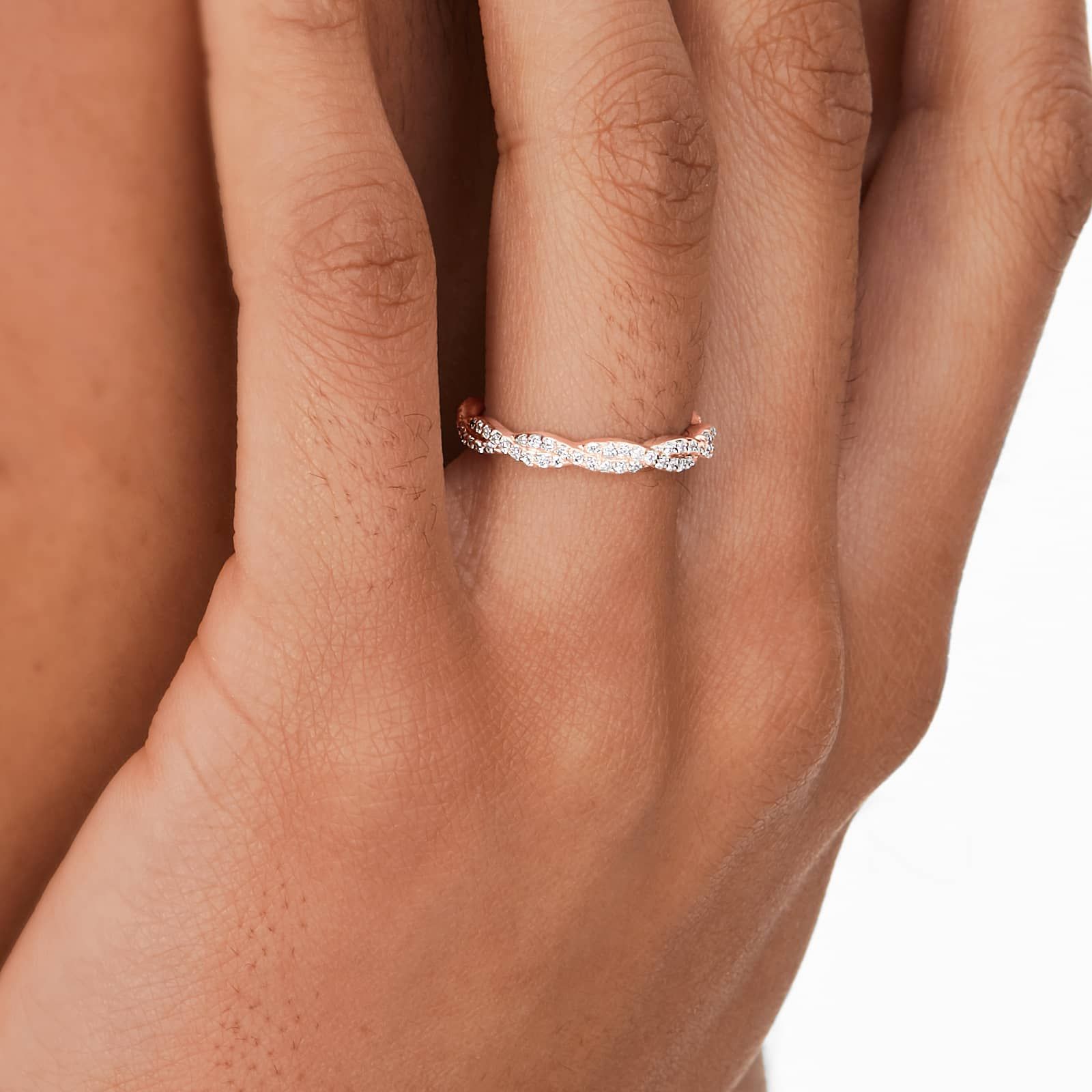 Twisted Pavé Leaf Diamond Wedding Ring In 14K Rose Gold (1.50mm)