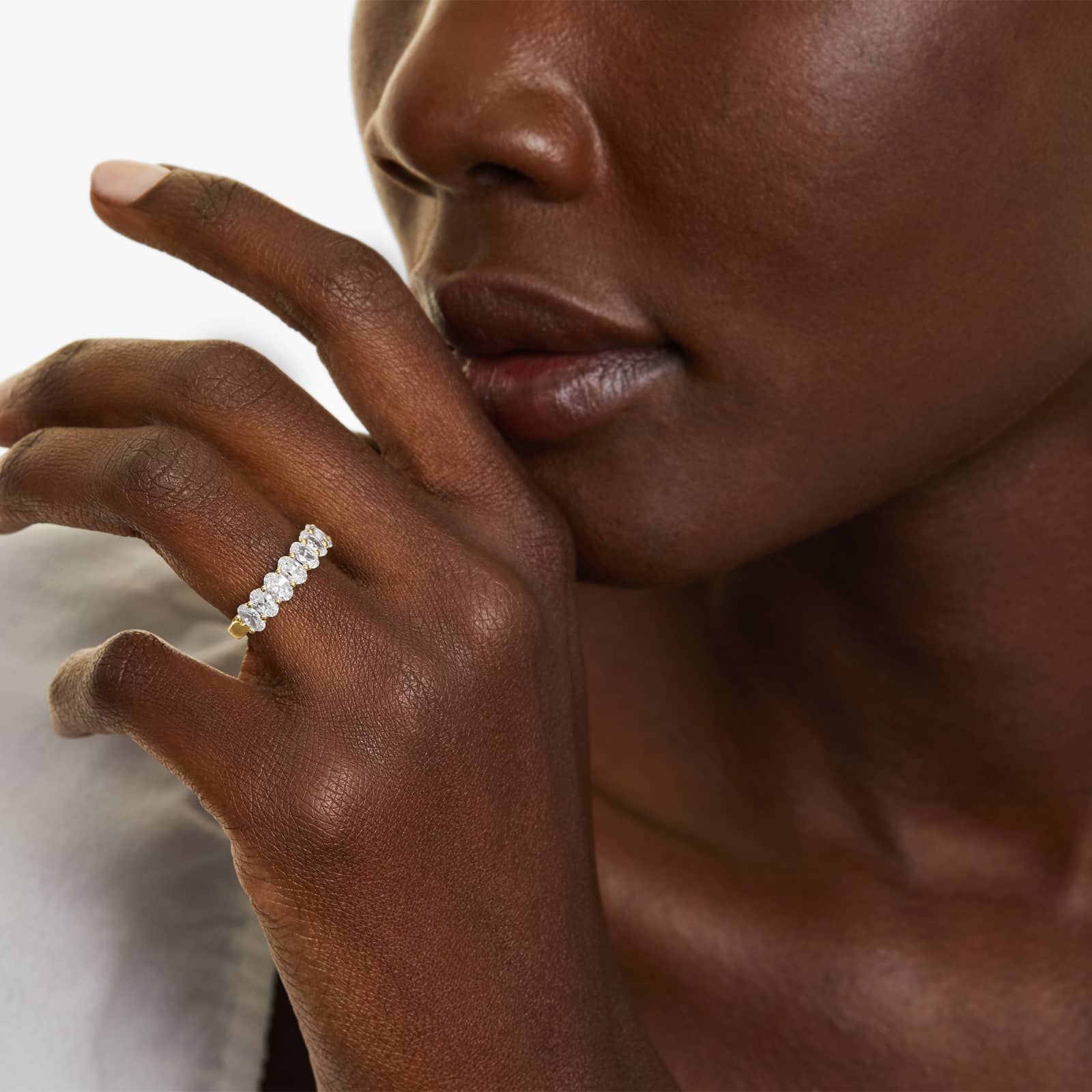 Seven Stone Anniversary Ring With 1.5 CTW Oval Cut Diamonds In 14K Yellow Gold (2.50mm)