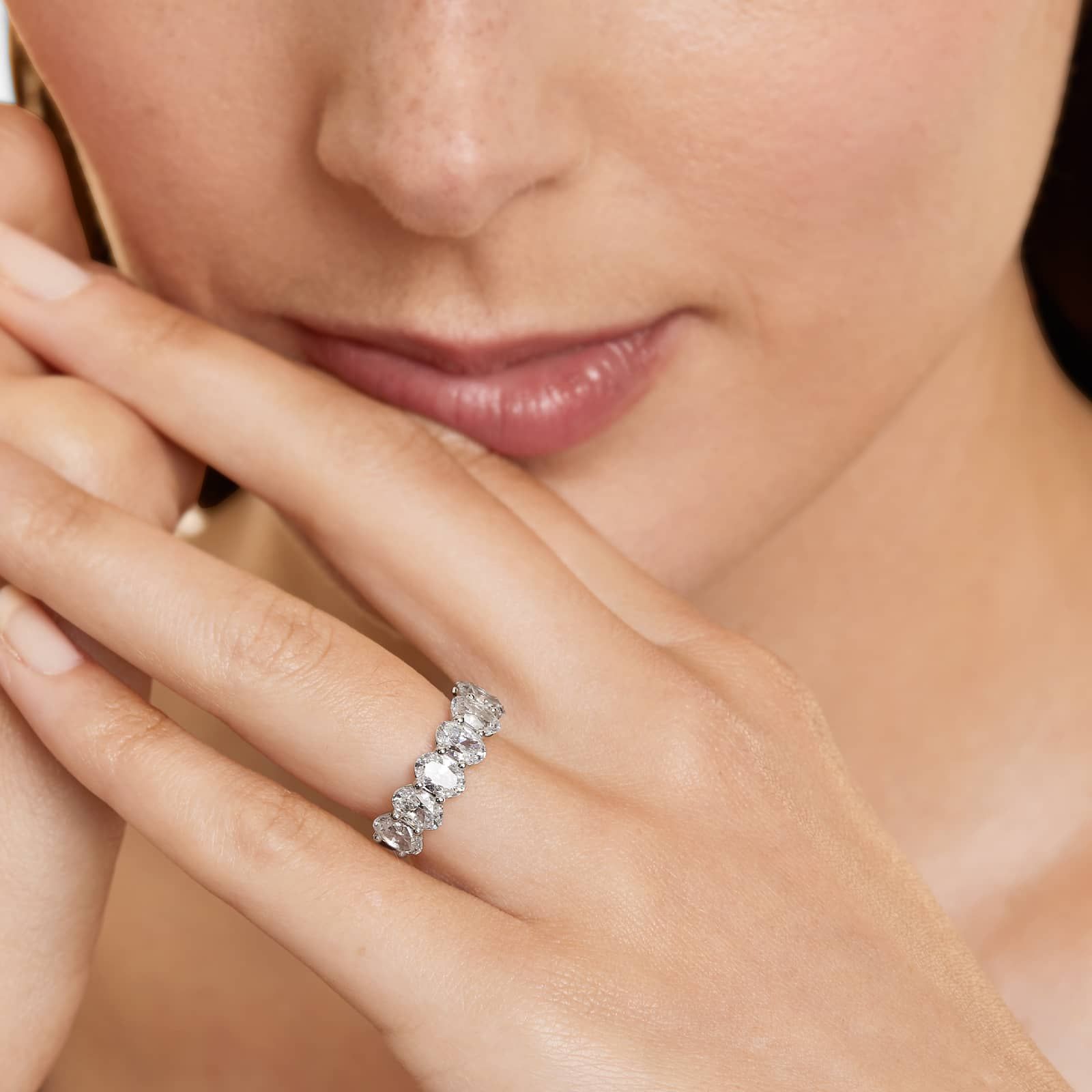 Seven Stone Anniversary Ring With 3 CTW Oval Cut Diamonds In Platinum (2.50mm)