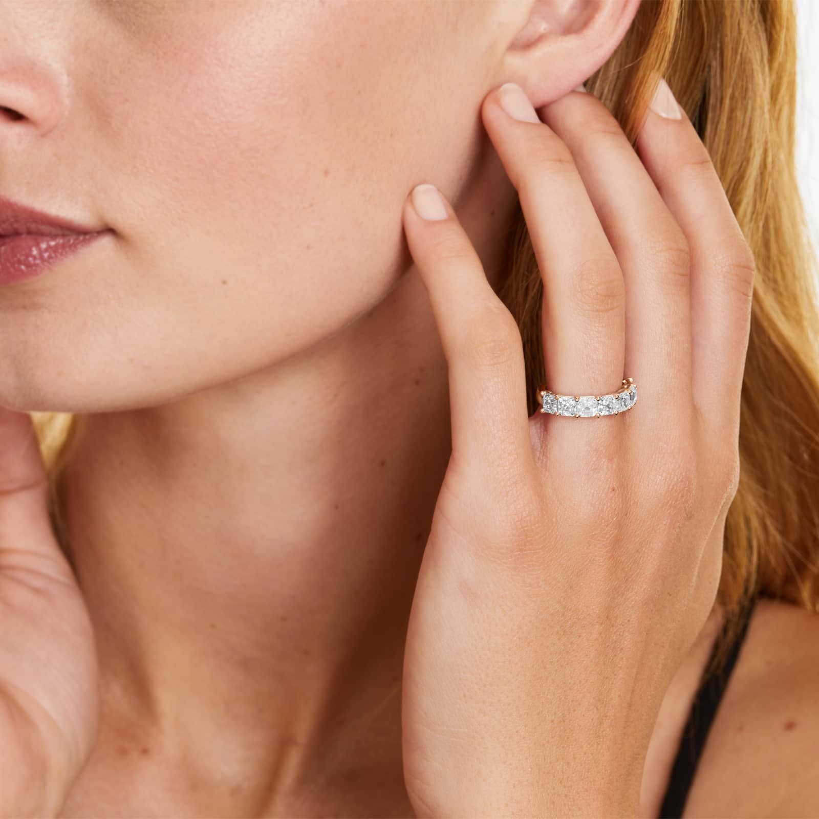 Seven Stone Anniversary Ring With 3 CTW Asscher Cut Diamonds In 14K Rose Gold (2.50mm)