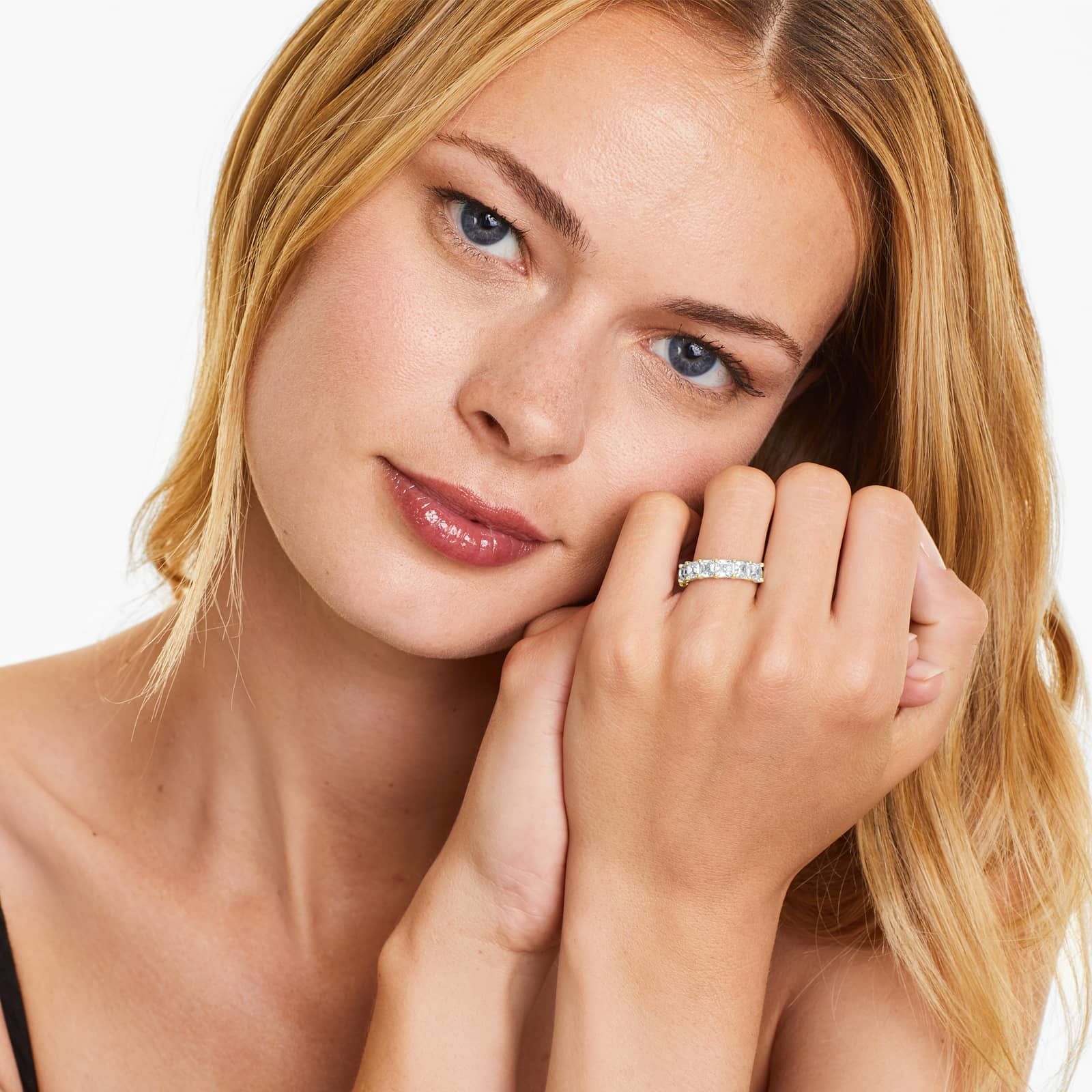 Seven Stone Anniversary Ring With 3 CTW Asscher Cut Diamonds In 14K Yellow Gold (2.50mm)