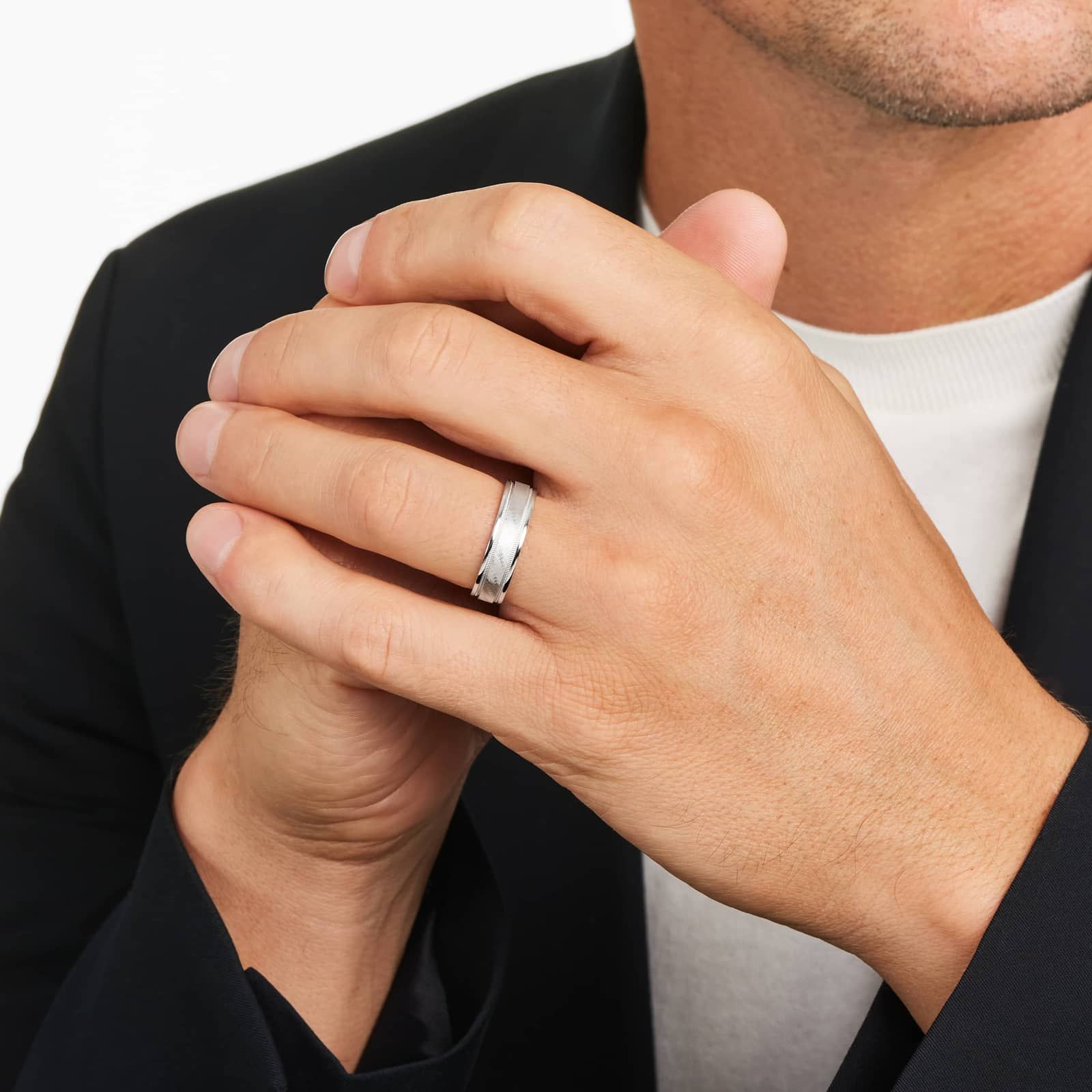 Comfort Fit Cross Grain Cut Men's Wedding Band In14K White Gold (6.00mm)