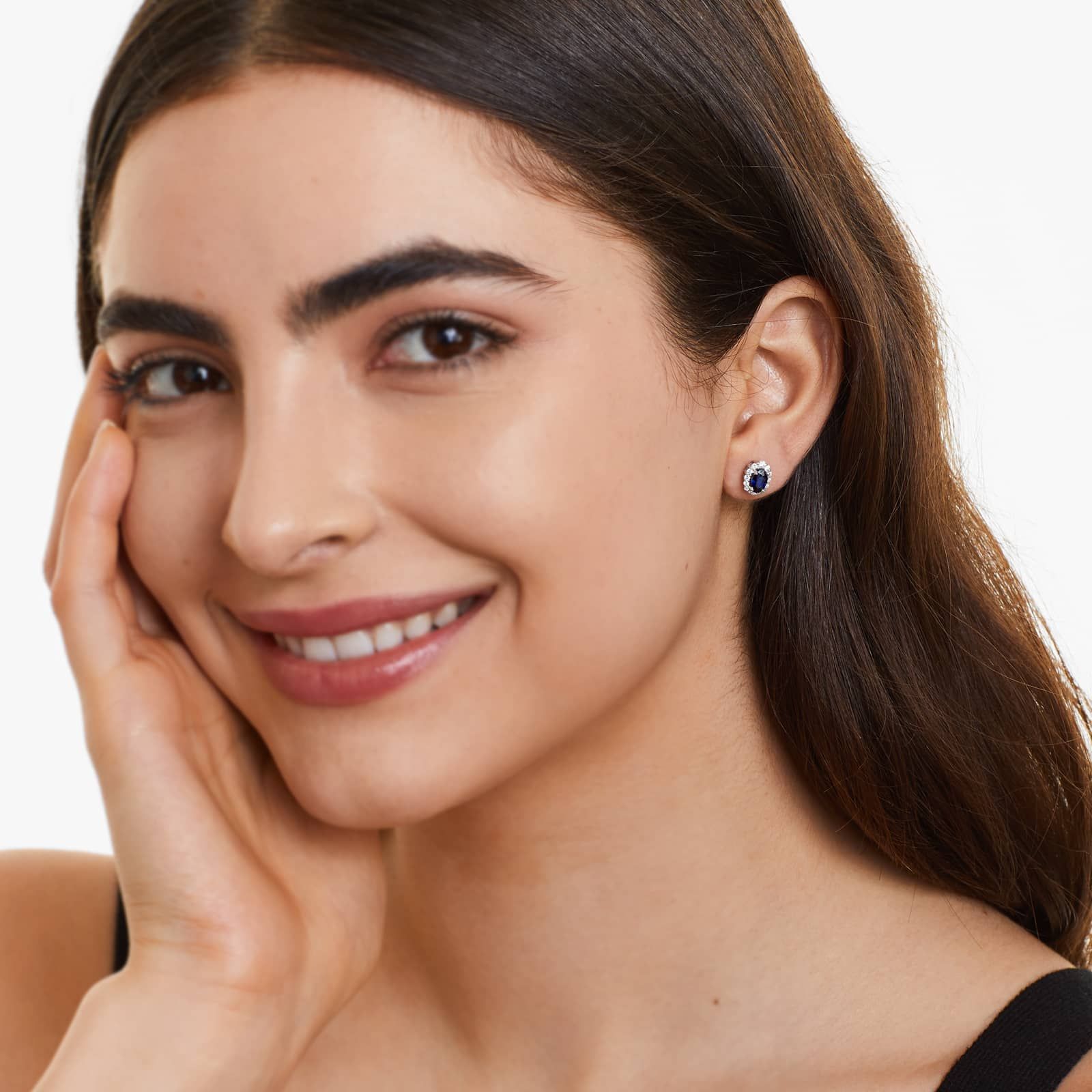 Blue Sapphire And Diamond Halo Earrings In 14K White Gold