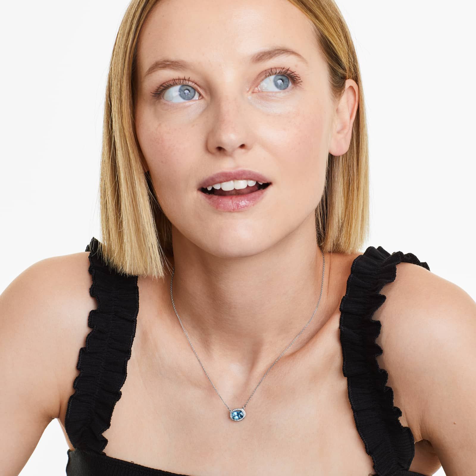 14K White Gold East West Oval Aquamarine and Diamond Halo Necklace