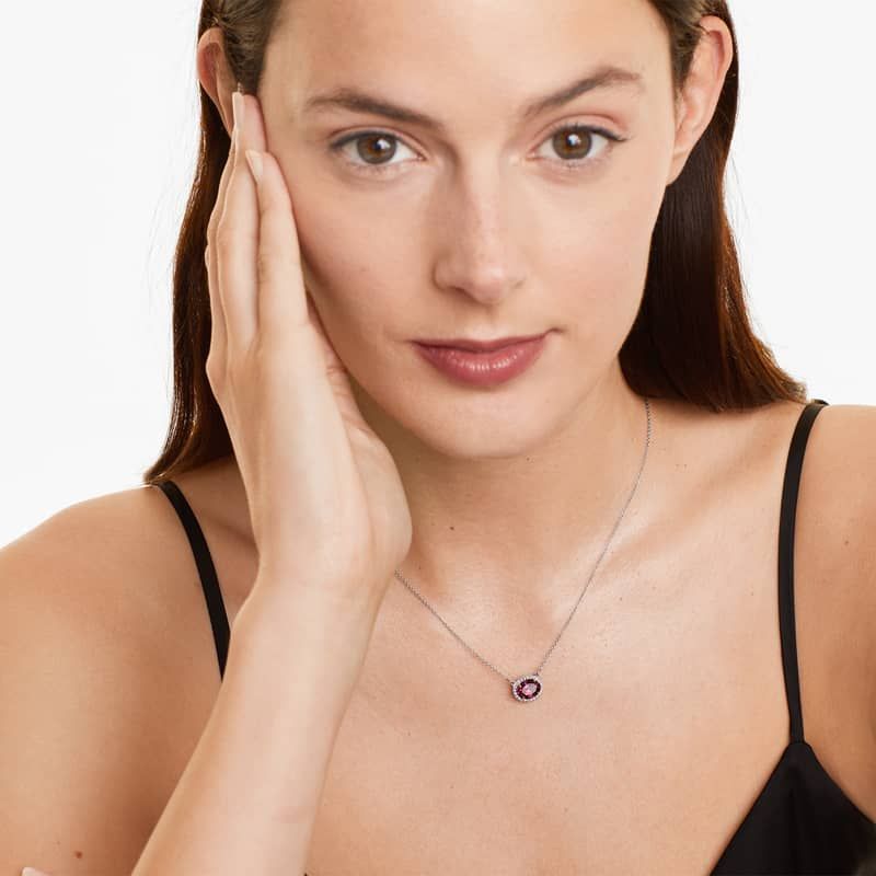 14K White Gold East West Oval Rhodolite Garnet and Diamond Halo Necklace