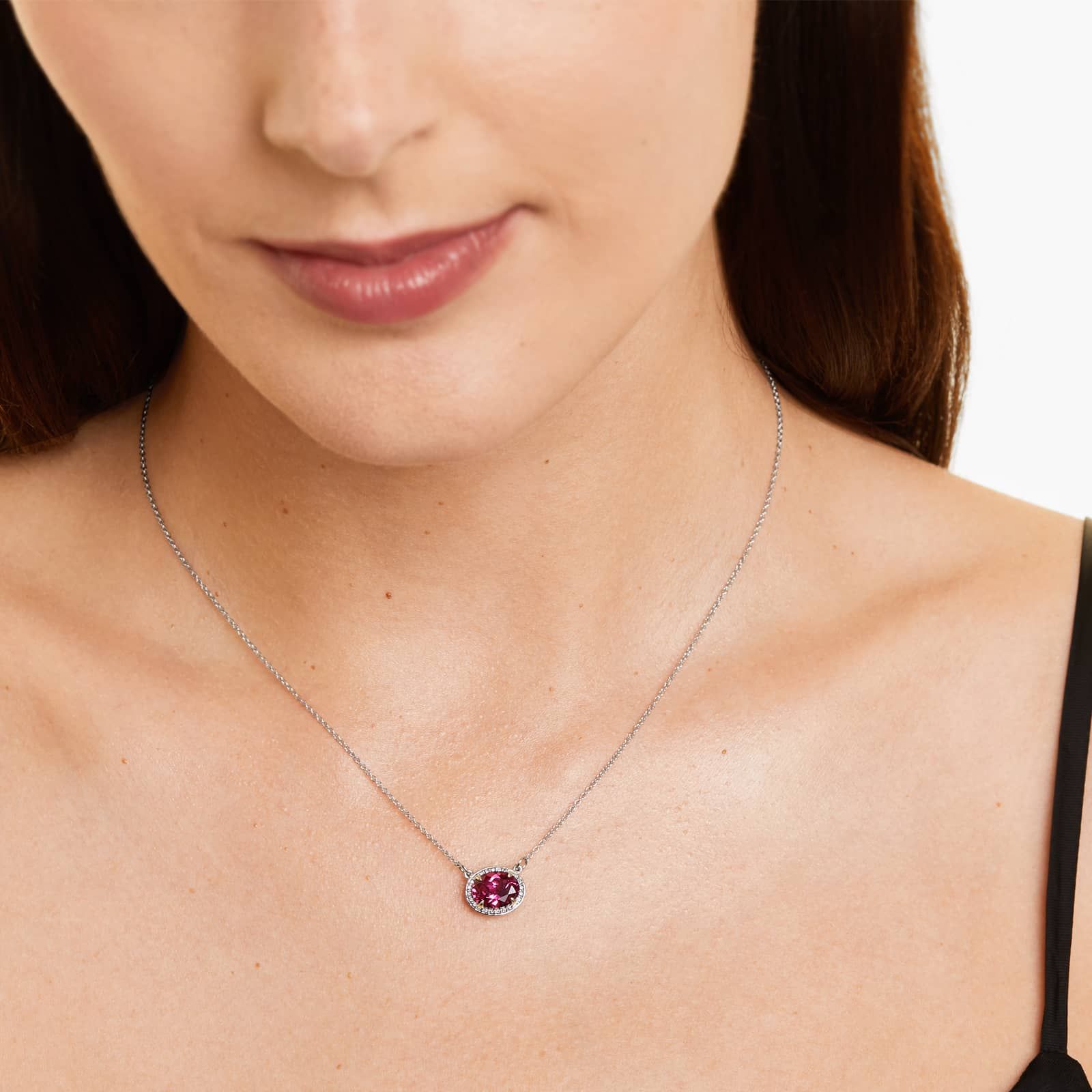 14K White Gold East West Oval Rhodolite Garnet and Diamond Halo Necklace