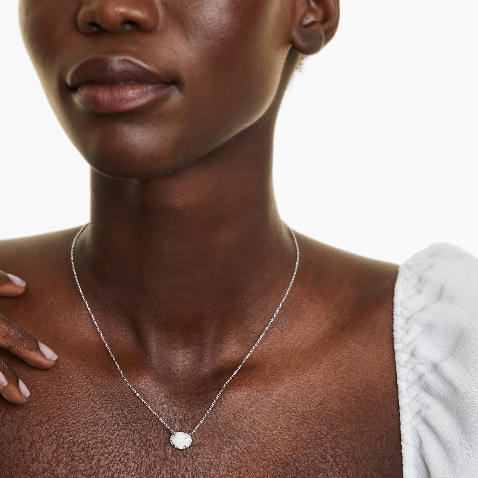 14K White Gold East West Oval White Opal and Diamond Halo Necklace