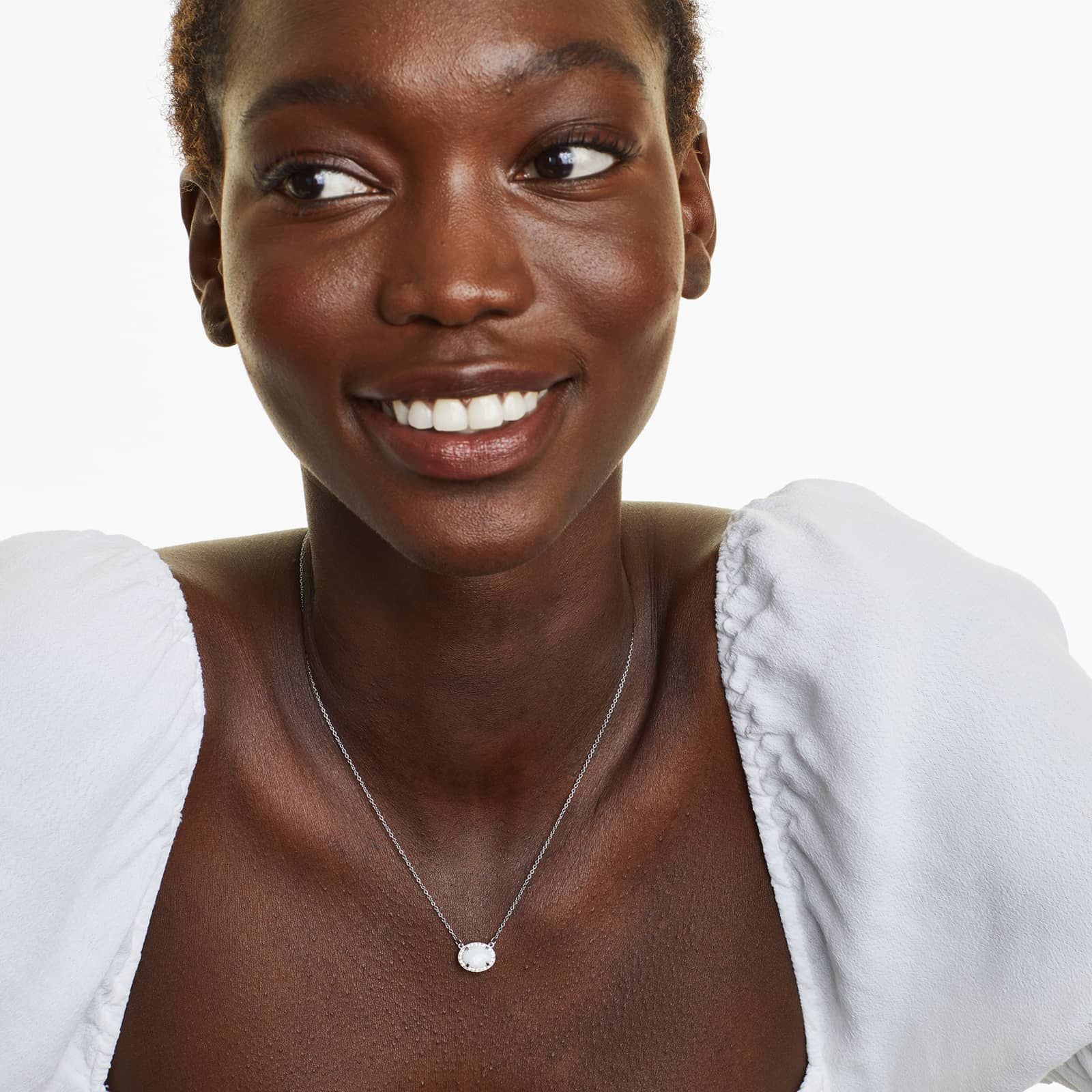 14K White Gold East West Oval White Opal and Diamond Halo Necklace