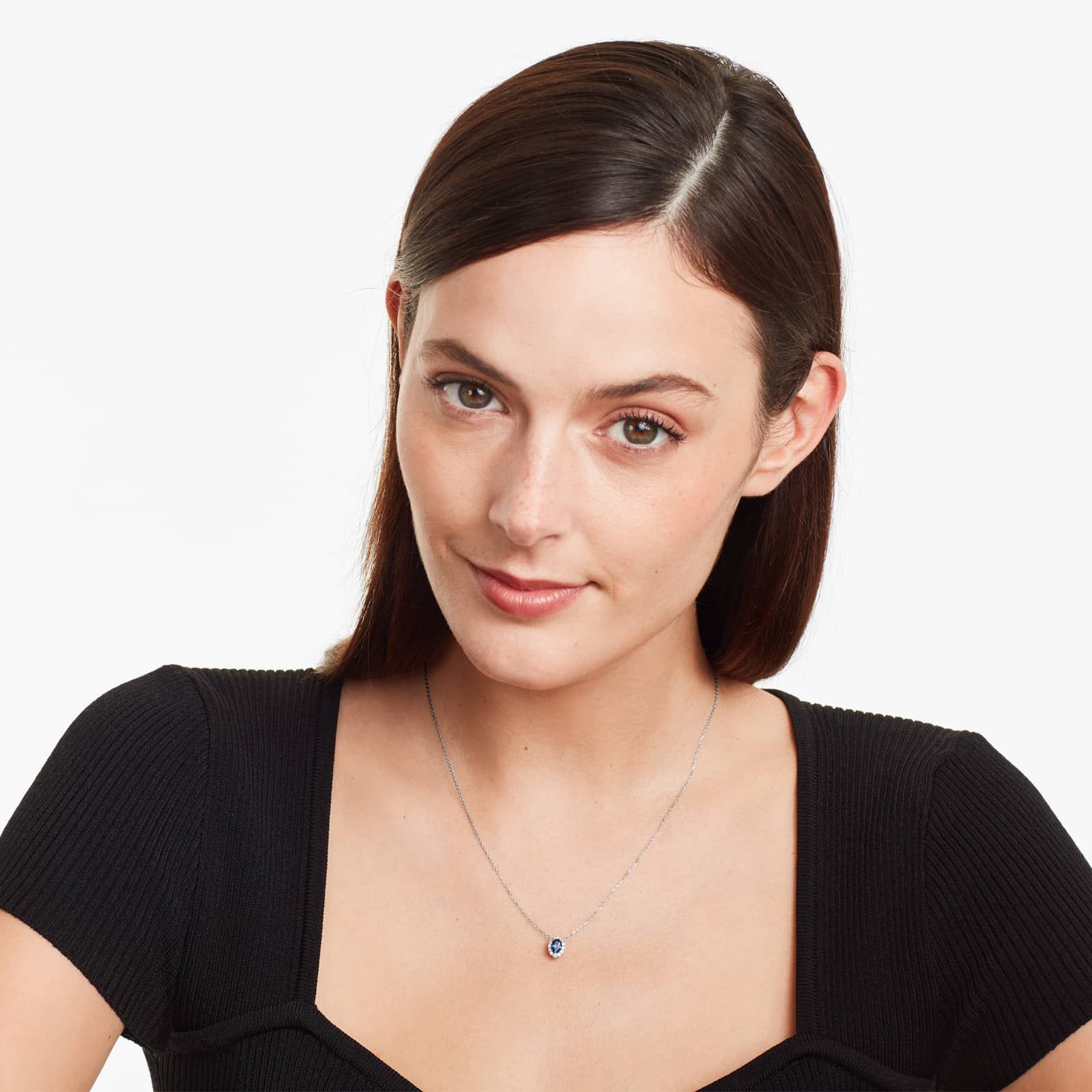 14K White Gold Blue Sapphire and Diamond Halo Necklace