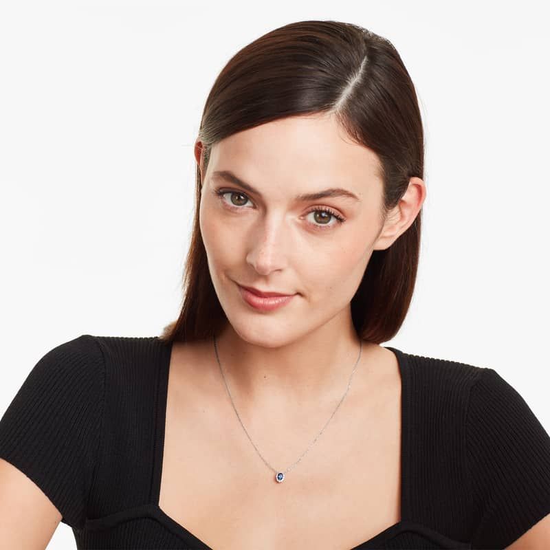 14K White Gold Blue Sapphire and Diamond Halo Necklace