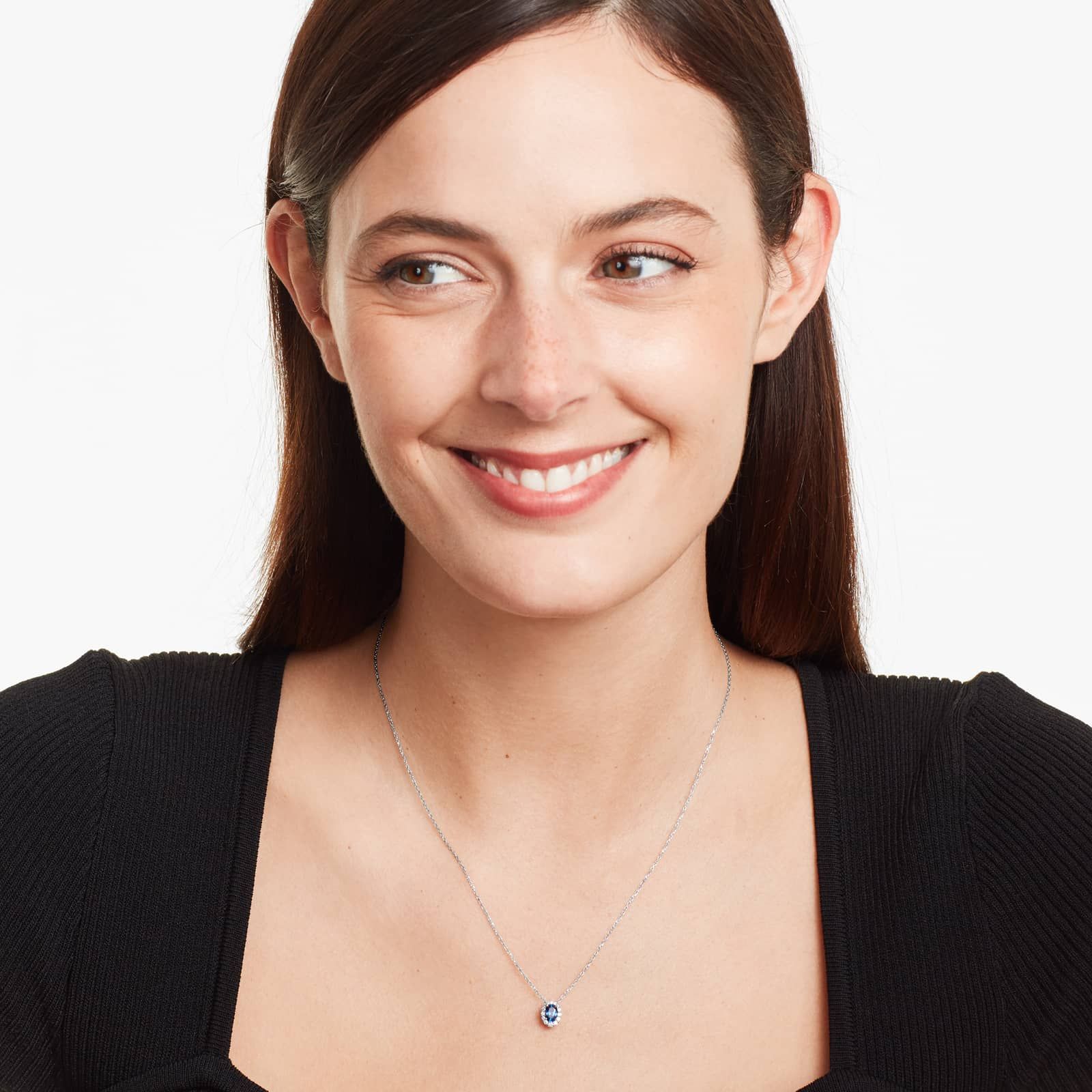 14K White Gold Blue Sapphire and Diamond Halo Necklace