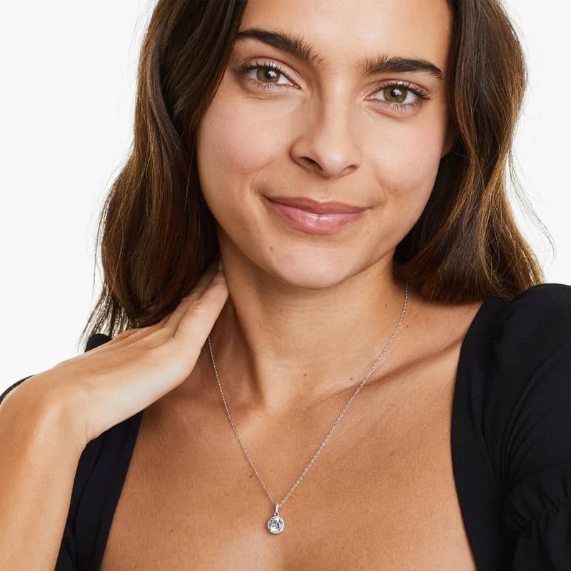 14K White Gold Aquamarine and Diamond Halo Necklace