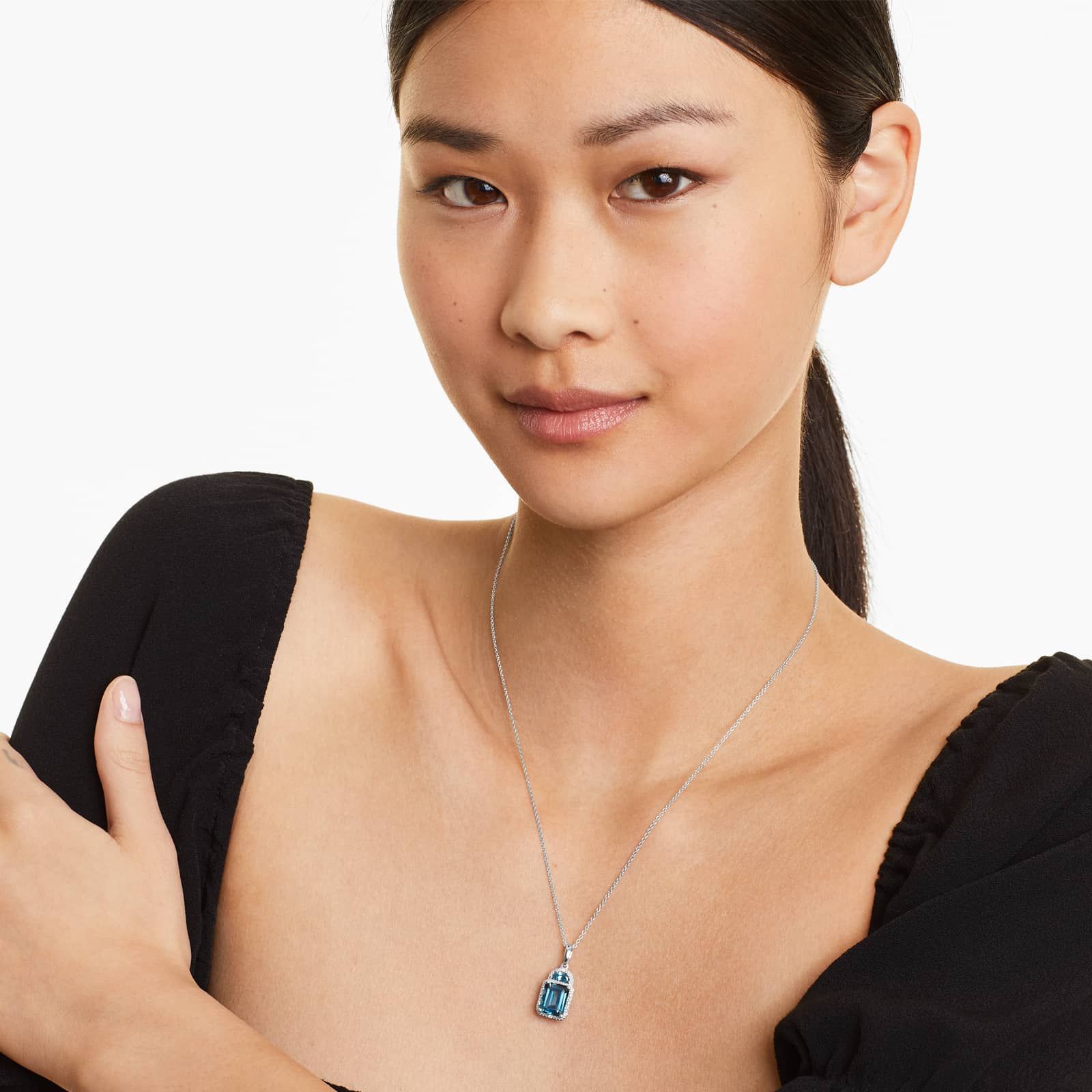 14K White Gold Art Nouveau Inspired Blue Topaz and Diamond Necklace