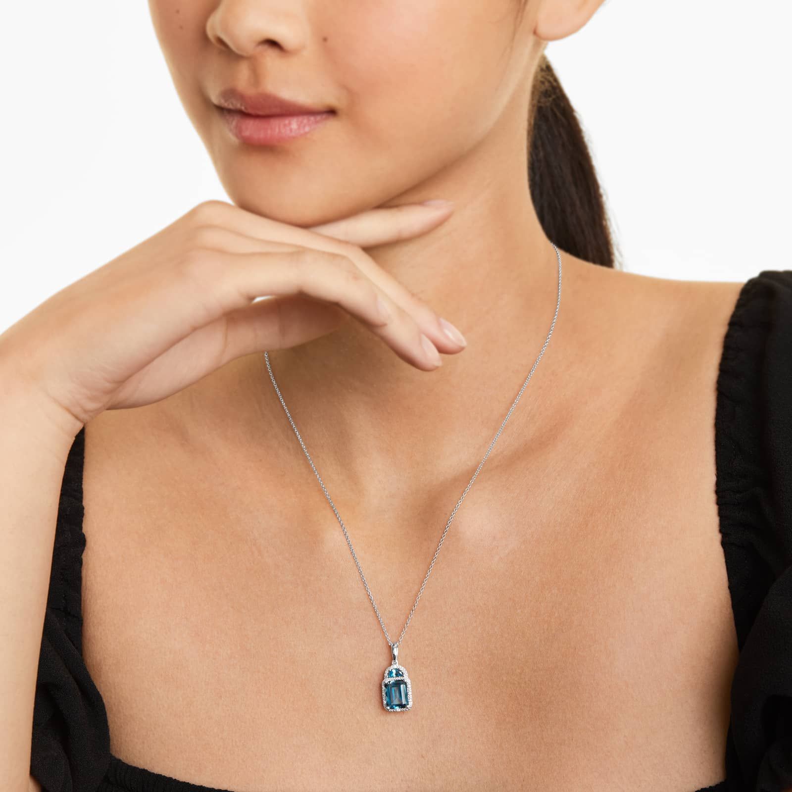 14K White Gold Art Nouveau Inspired Blue Topaz and Diamond Necklace