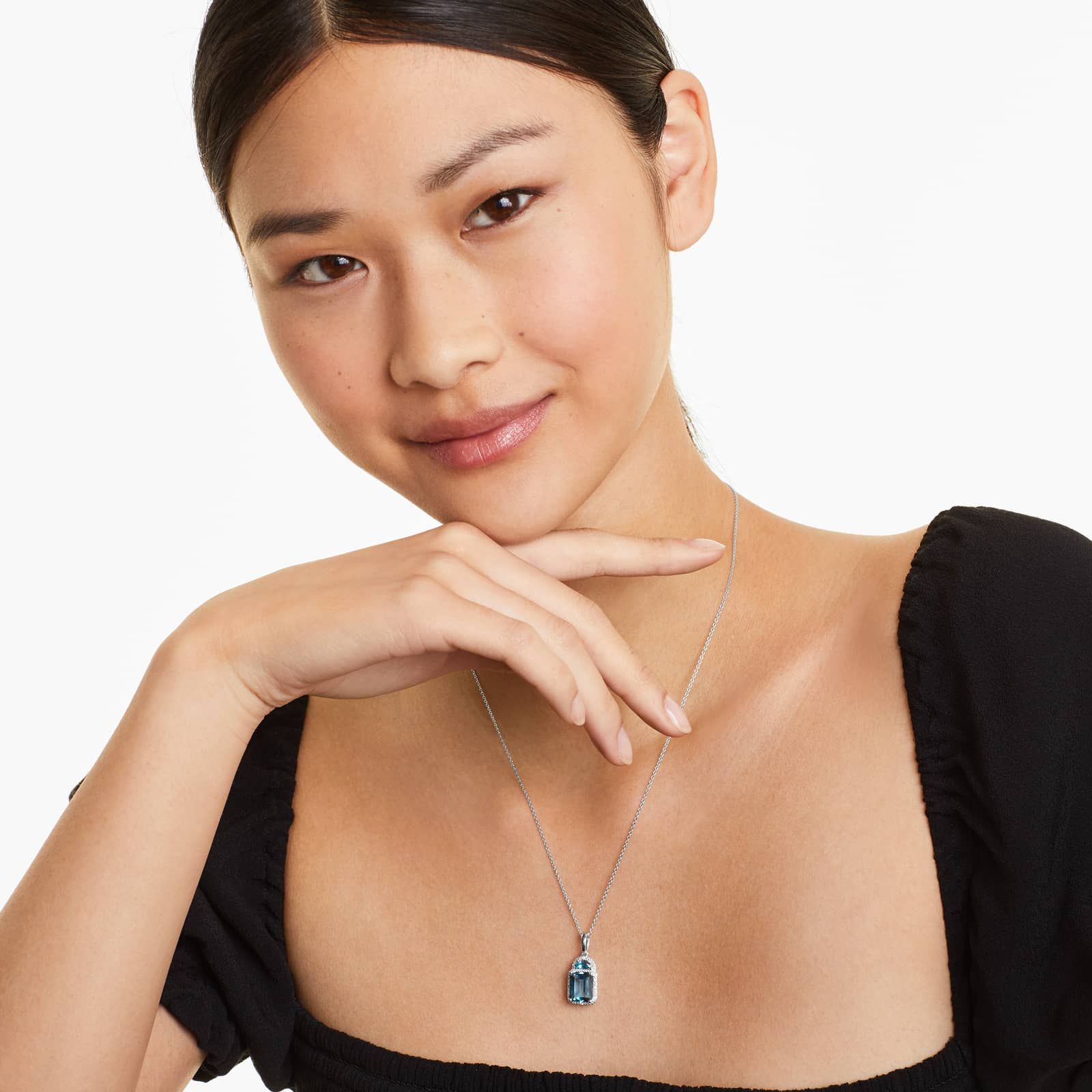 14K White Gold Art Nouveau Inspired Blue Topaz and Diamond Necklace